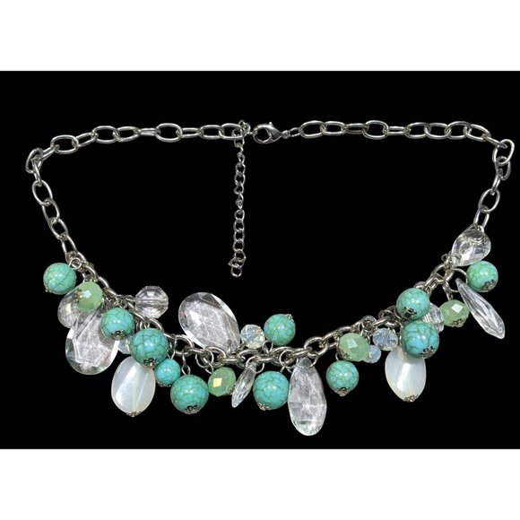 Vintage Clear And Faux Turquoise Beaded Cluster Charm Necklace - Picture 1 of 5